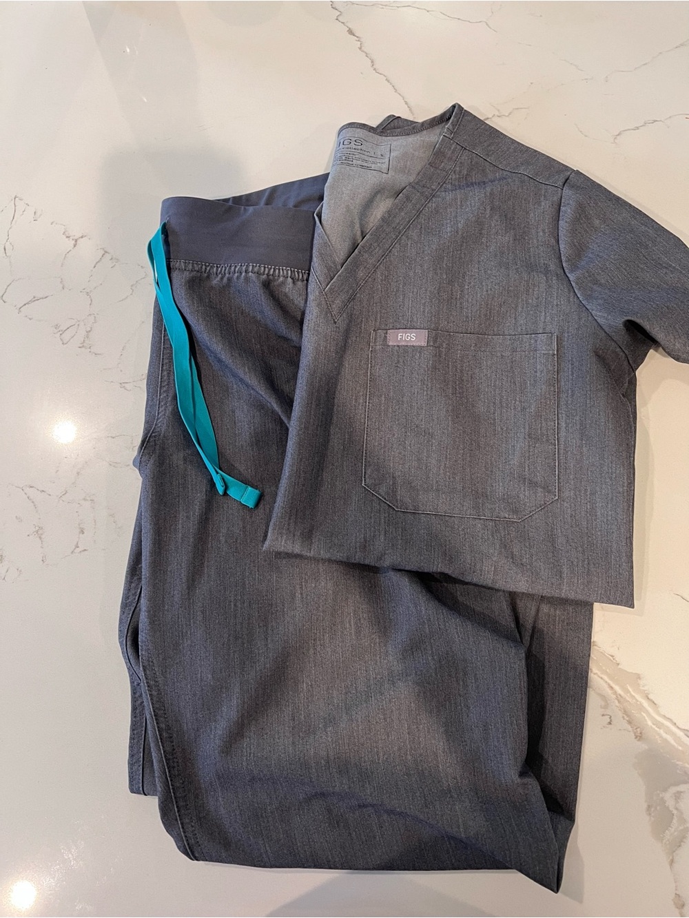 Figs  Heather Gray Scrub Pants with Teal Drawstring small top, medium bottom